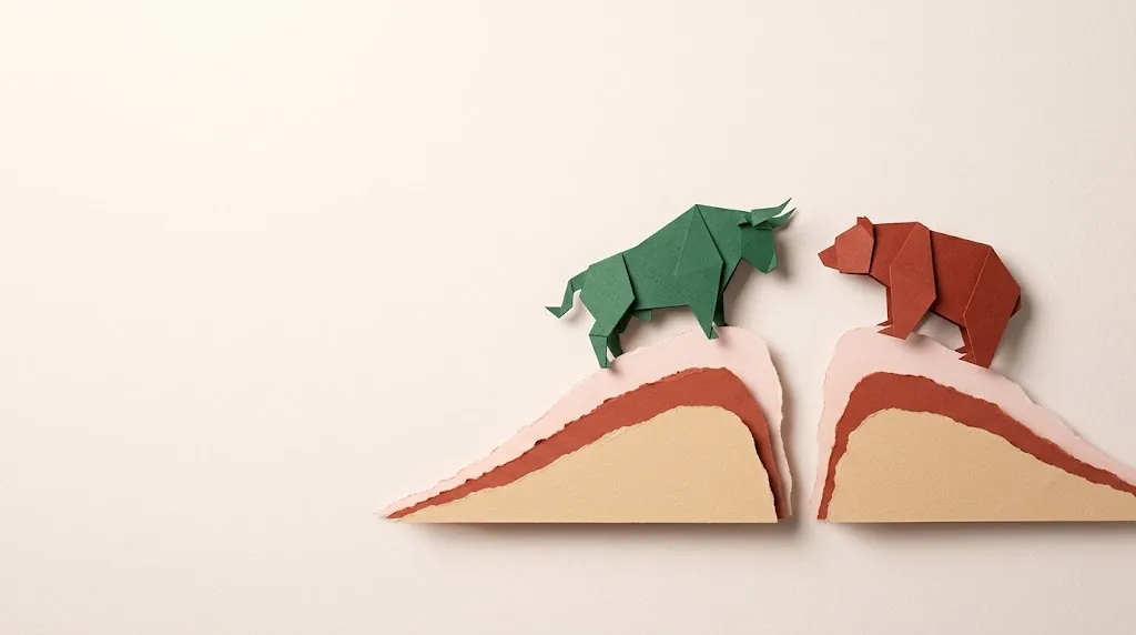 An origami bull in green and an origami bear in red facing each other on two paper hills
