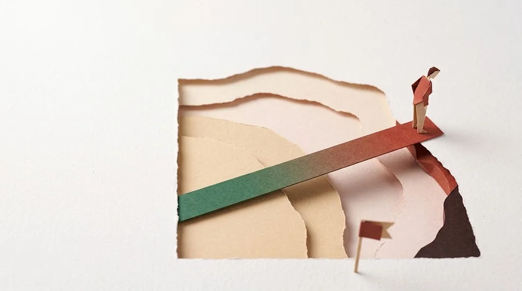 A folded-paper figure standing near the red end of a green-to-red paper bridge