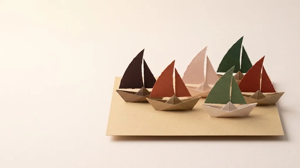 A small fleet of paper boats with different coloured sails