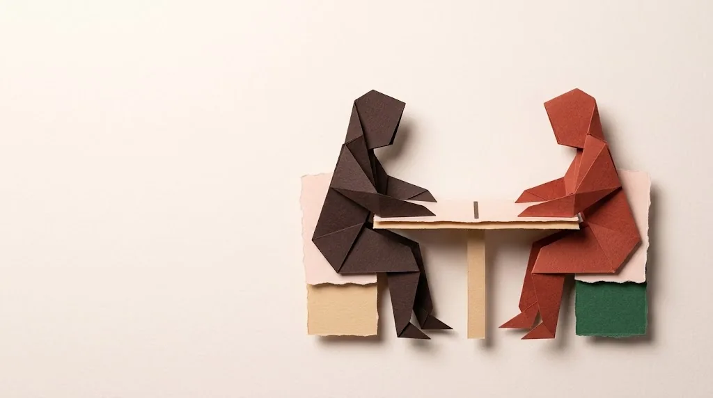 Two folded-paper figures facing each other across a small paper table