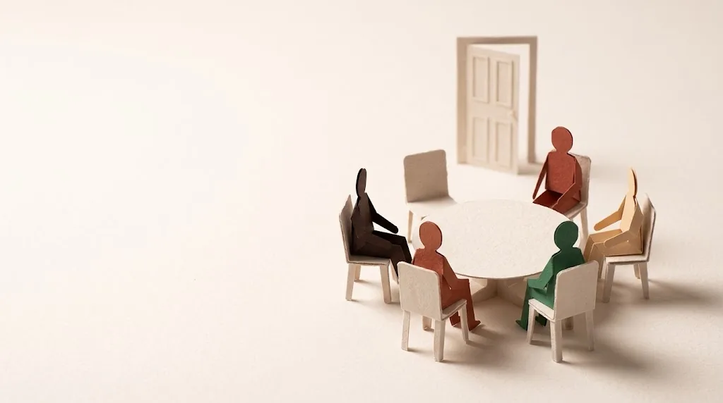 Paper figures around a round paper table with two empty chairs and an open door