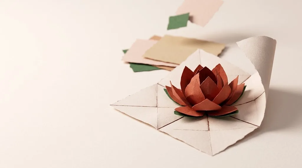 An origami lotus folding up from a sheet of paper