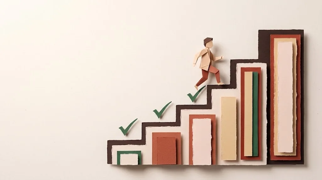 A folded-paper runner climbing five rising paper steps, the first three ticked green